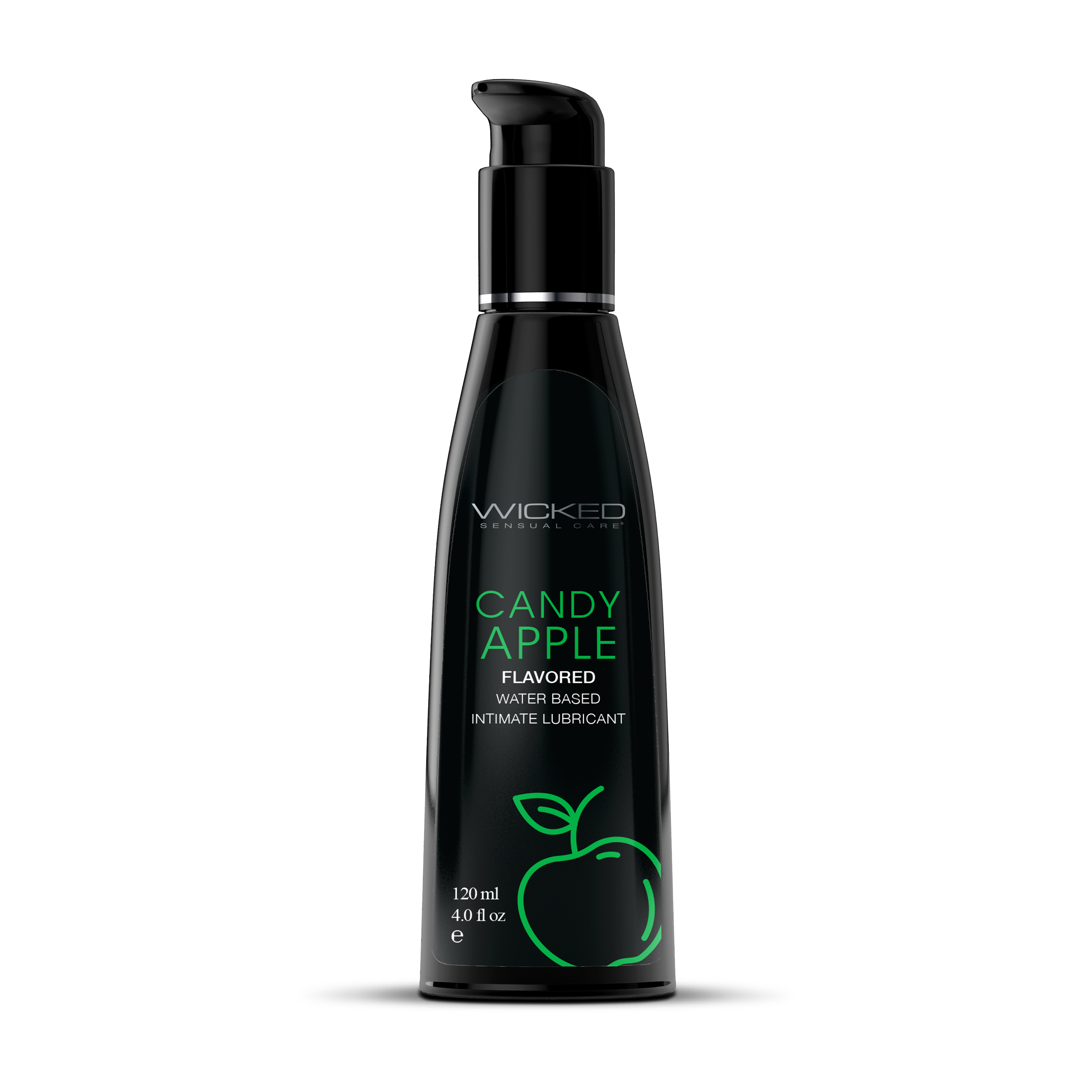 Black bottle of Wicked Candy Apple flavored water-based lubricant on a white background