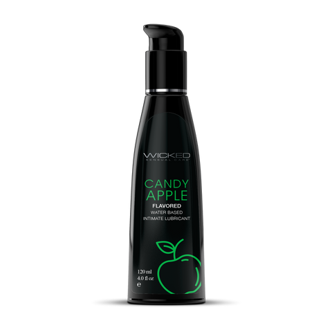 Black bottle of Wicked Candy Apple flavored water-based lubricant on a white background
