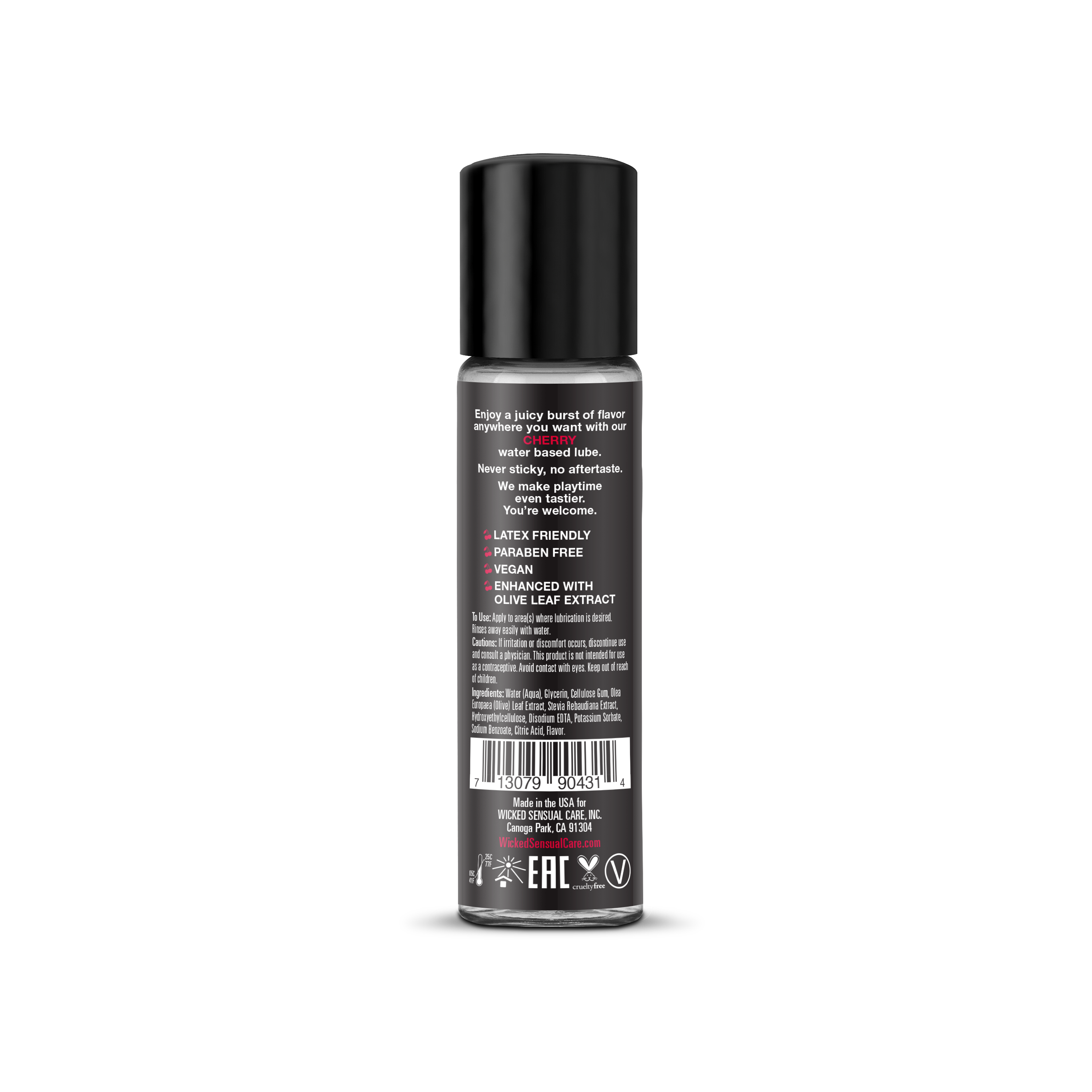 Black cylindrical bottle with text on a white background