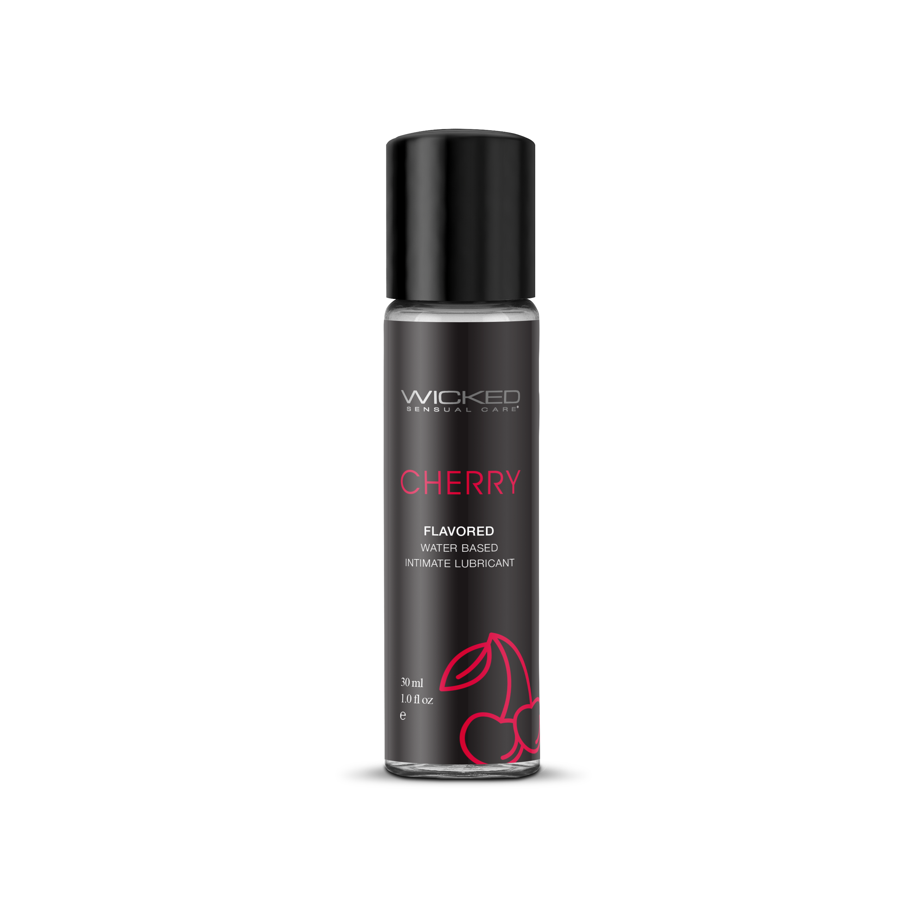 Wicked Cherry flavored lubricant bottle on a white background