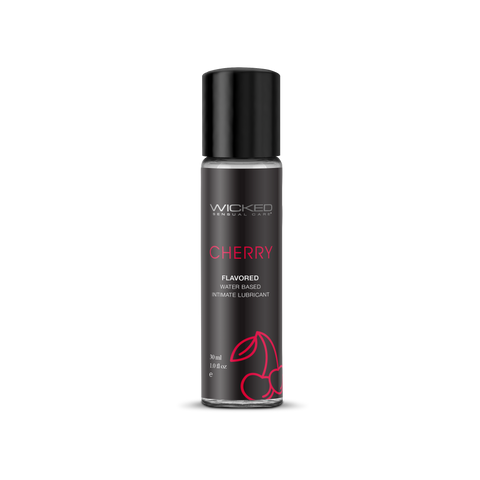 Wicked Cherry flavored lubricant bottle on a white background