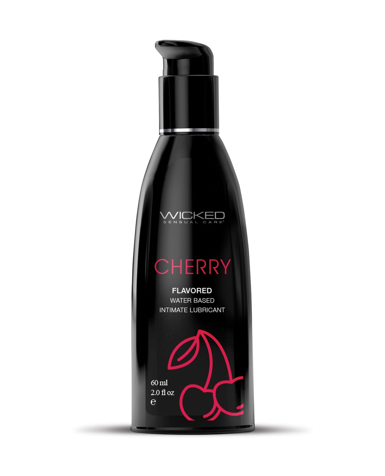Black bottle of Wicked Cherry flavored intimate lubricant on a white background