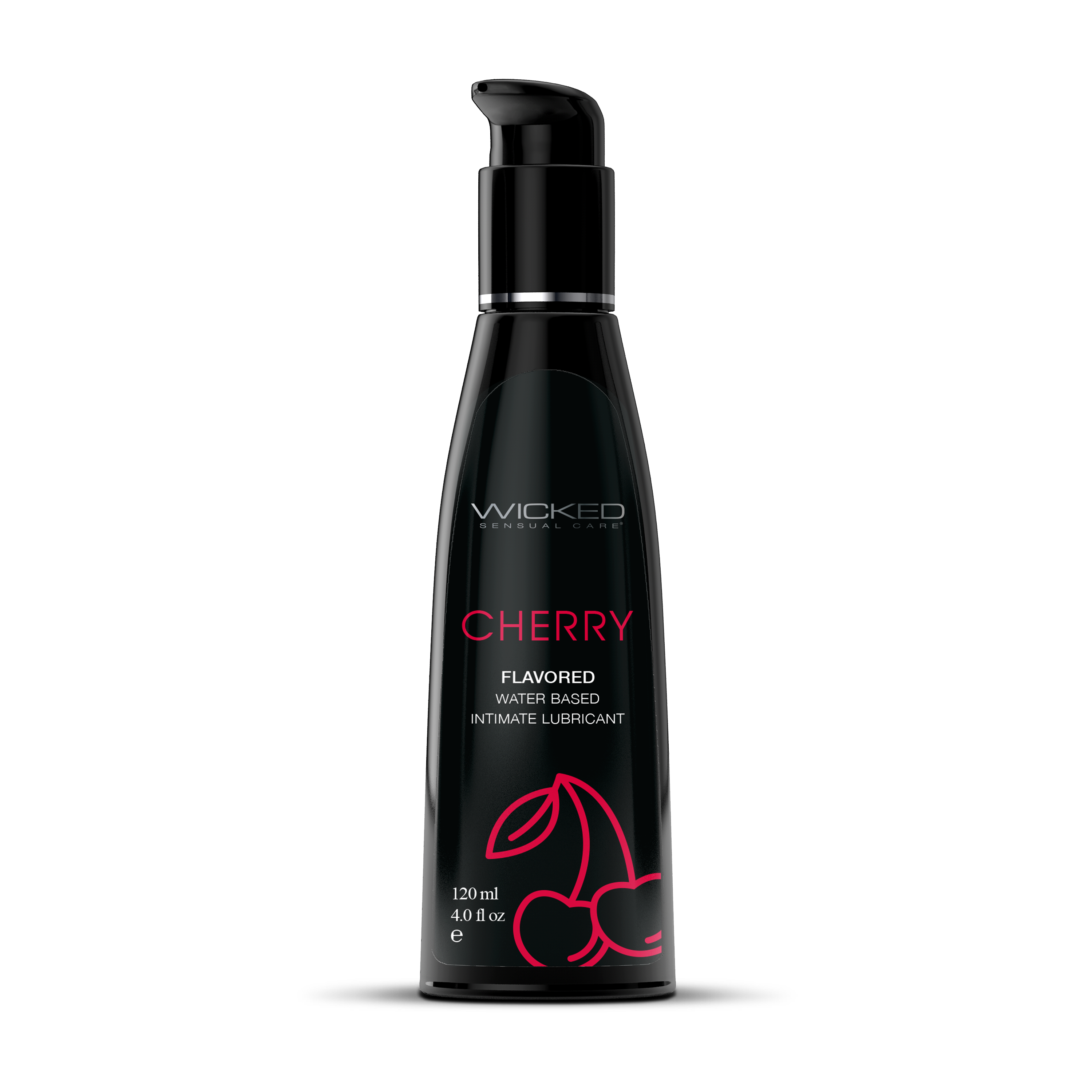 Black bottle of Wicked Cherry flavored intimate lubricant on a white background