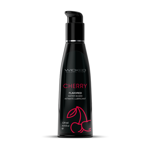 Black bottle of Wicked Cherry flavored intimate lubricant on a white background