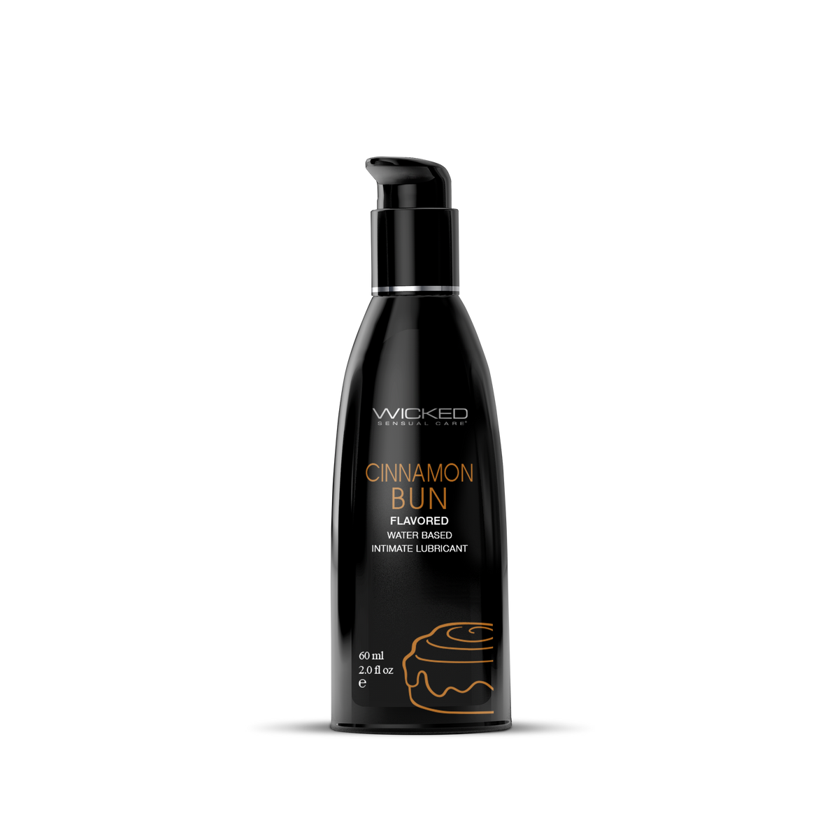 Black bottle of Wicked Sensual Care Cinnamon Bun flavored intimate lubricant on a white background