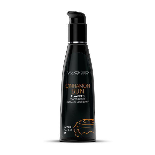 Black bottle of Wicked Cinnamon Bun flavored water-based lubricant on a white background