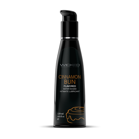 Black bottle of Wicked Cinnamon Bun flavored water-based lubricant on a white background