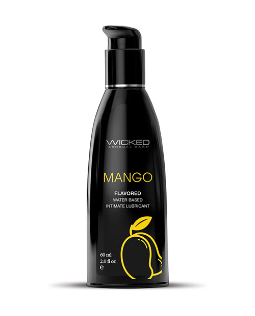 Black bottle of Wicked Mango flavored water-based intimate lubricant on a white background