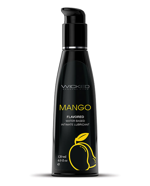 Black bottle of Wicked Sensual Care Mango flavored water-based lubricant on a white background