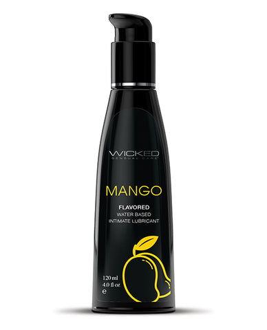 Black bottle of Wicked Sensual Care Mango flavored water-based lubricant on a white background