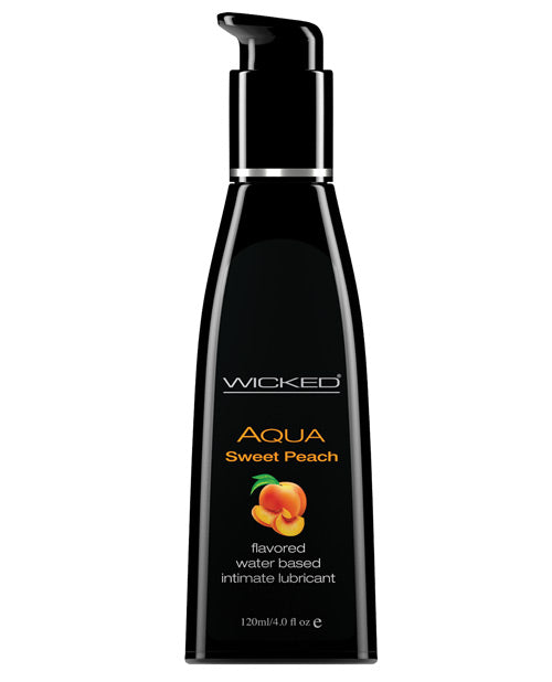 Black bottle of Wicked Aqua Sweet Peach lubricant on a white background