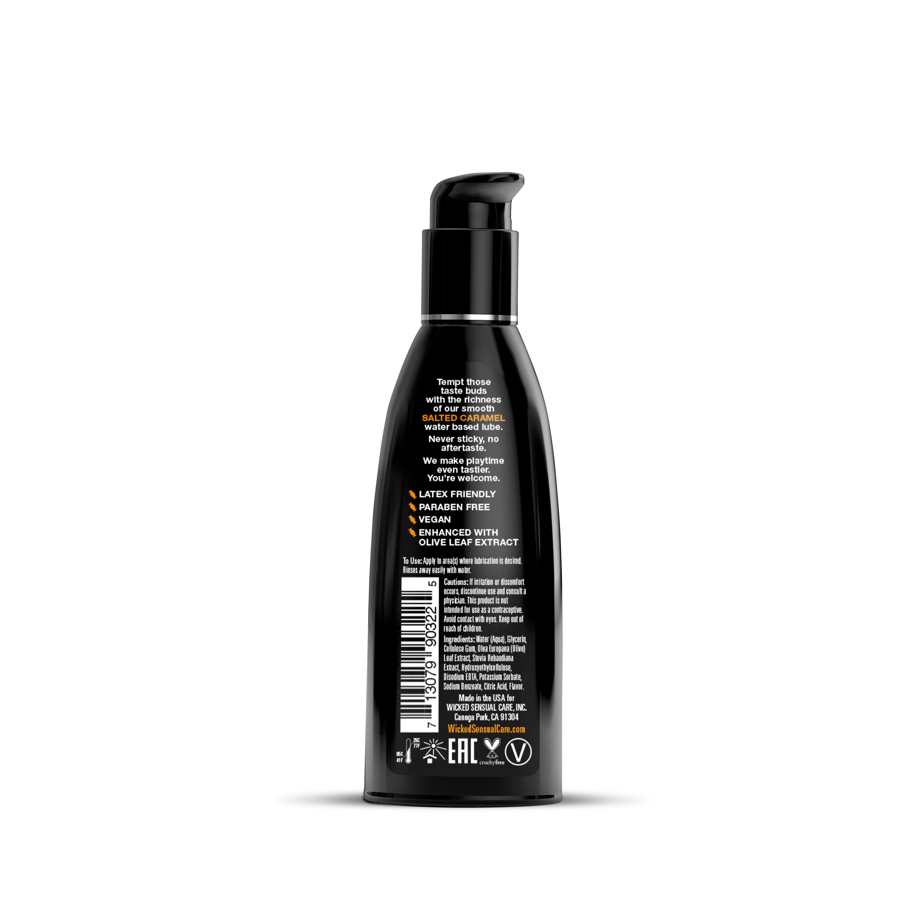Black bottle with text and symbols on a white background