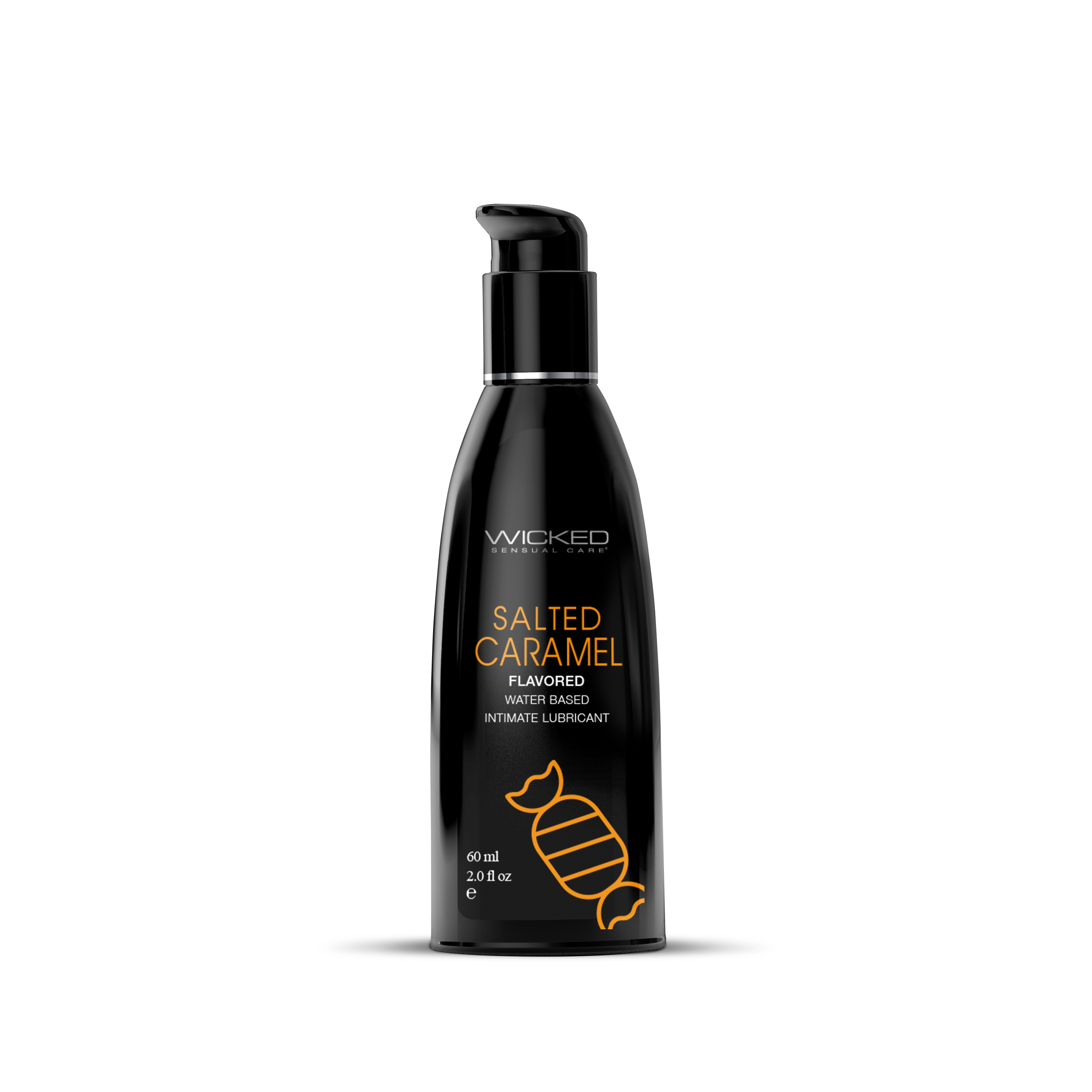 Black bottle of Wicked Salted Caramel flavored intimate lubricant on a white background