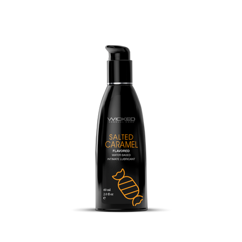 Black bottle of Wicked Salted Caramel flavored intimate lubricant on a white background