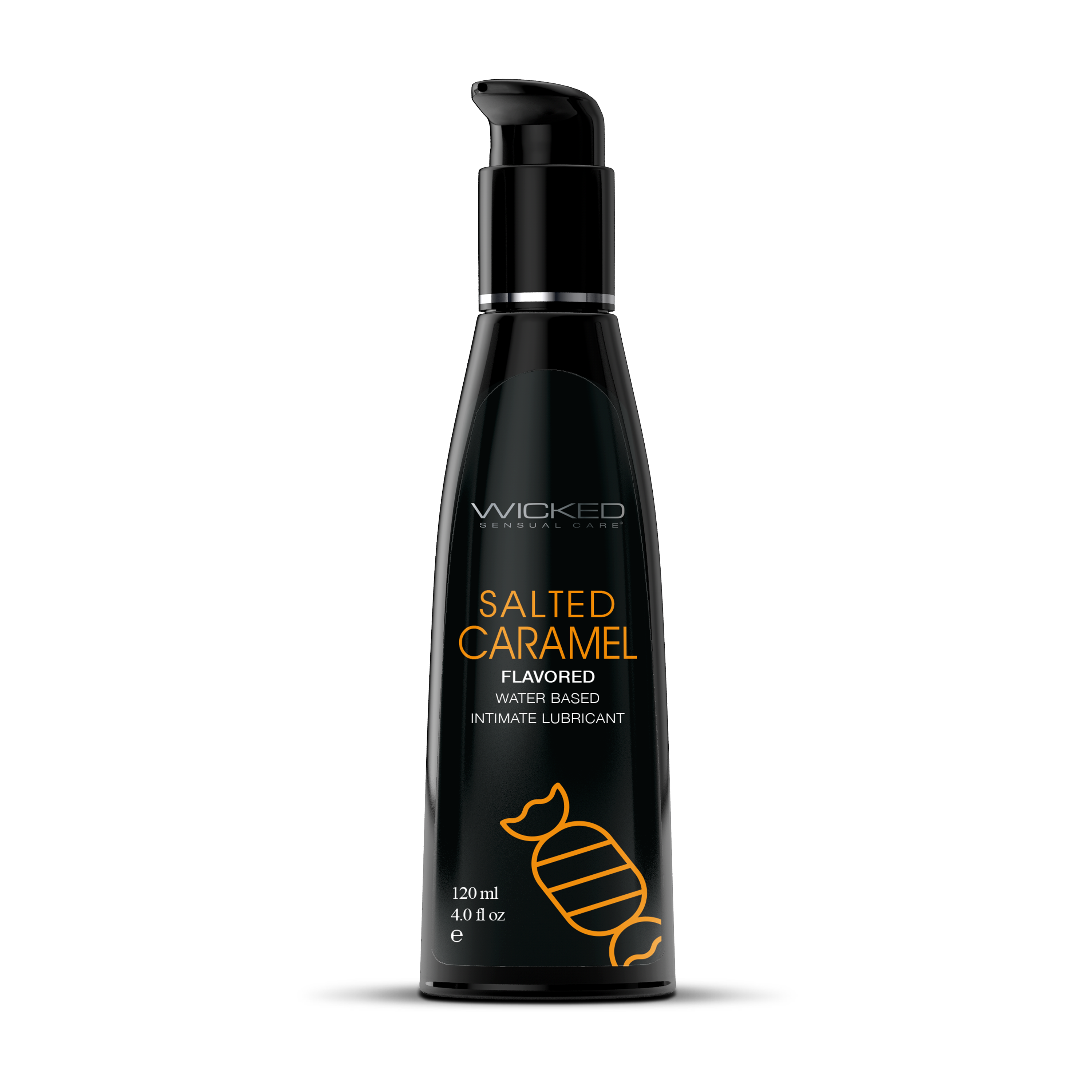 Black bottle of Wicked Salted Caramel flavored intimate lubricant on a white background
