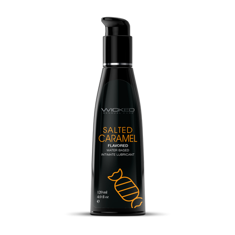 Black bottle of Wicked Salted Caramel flavored intimate lubricant on a white background