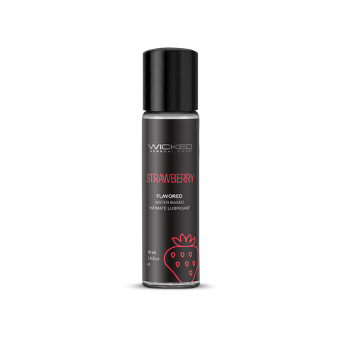 Black bottle of Wicked Strawberry flavored lubricant on a white background