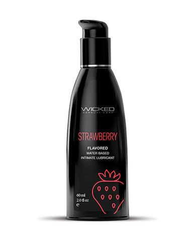Black bottle of Wicked Strawberry flavored lubricant on a white background