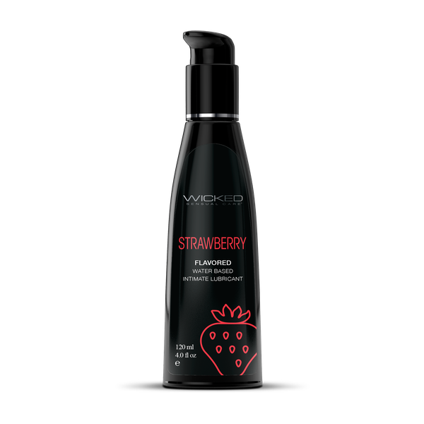 Black bottle of Wicked Strawberry flavored lubricant on a white background