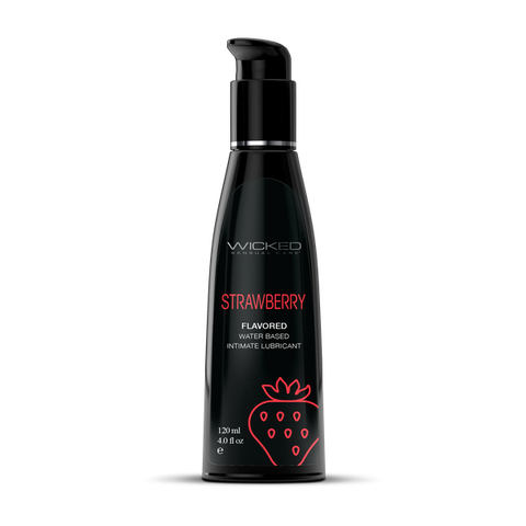 Black bottle of Wicked Strawberry flavored lubricant on a white background