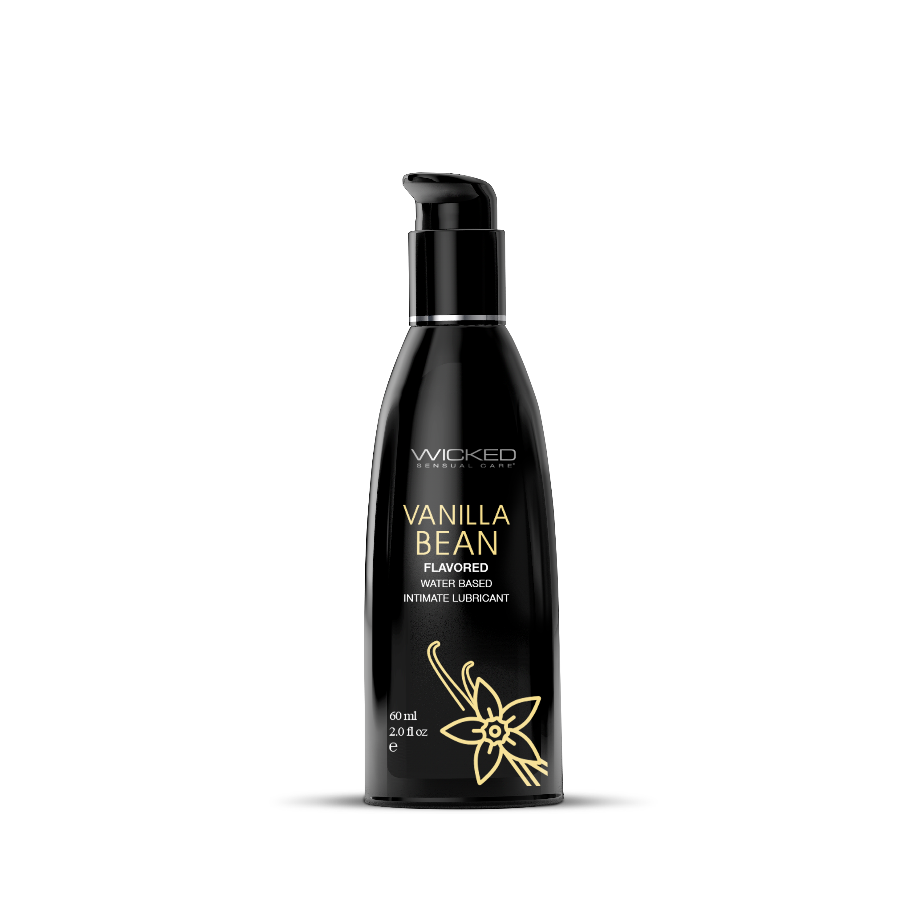 Black bottle of Wicked Vanilla Bean flavored lubricant on a white background