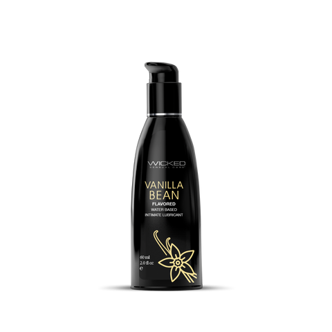 Black bottle of Wicked Vanilla Bean flavored lubricant on a white background