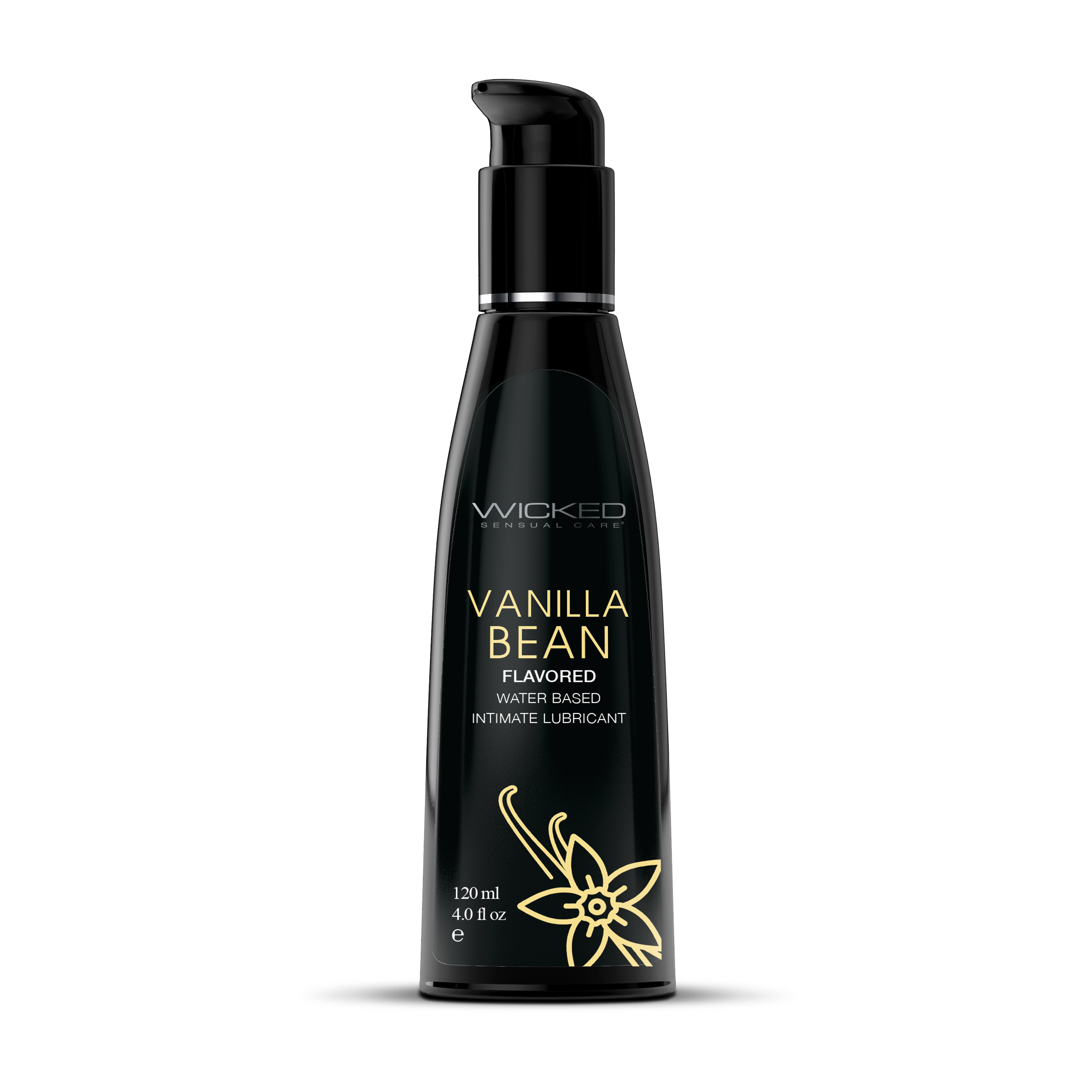 Black bottle of Wicked Vanilla Bean flavored product on a white background