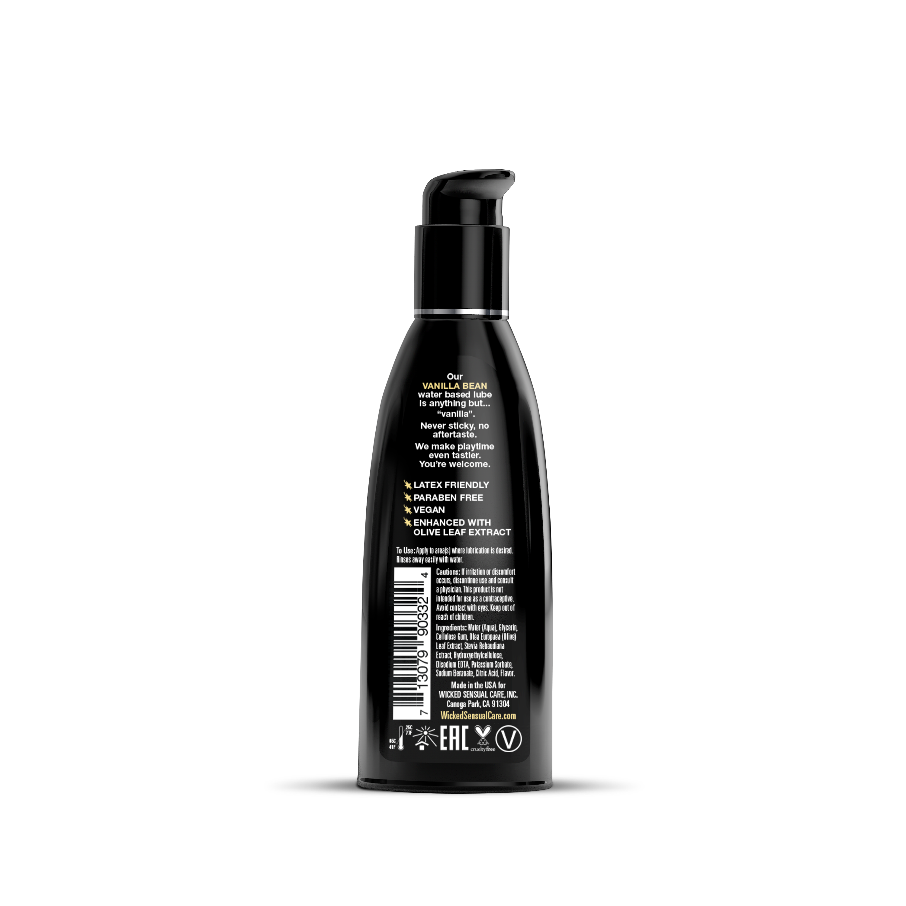 Black bottle with text and a barcode on a white background