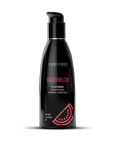 Black bottle of Wicked Watermelon flavored lubricant on a white background