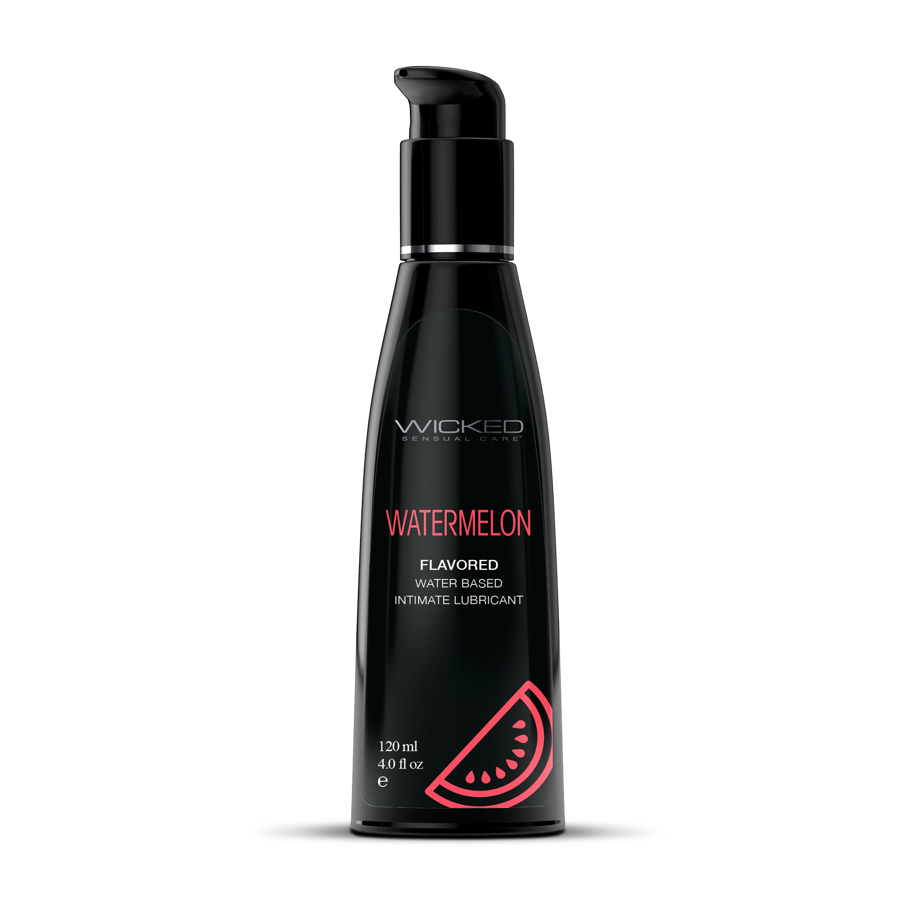 Black bottle of Wicked Watermelon flavored water-based lubricant on a white background