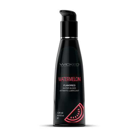 Black bottle of Wicked Watermelon flavored water-based lubricant on a white background