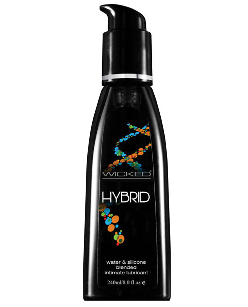 A pump bottle of Wicked Sensual Care Hybrid Lubricant. The bottle is black with colored dots.