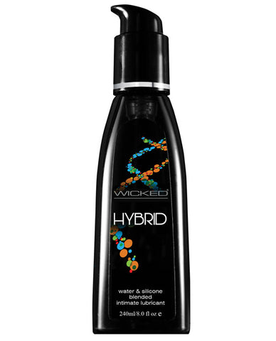 A pump bottle of Wicked Sensual Care Hybrid Lubricant. The bottle is black with colored dots.