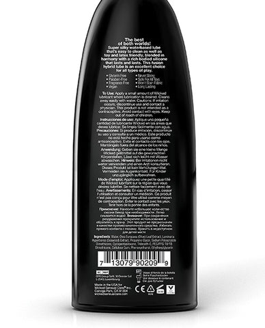The back of a bottle of Wicked Sensual Care Hybrid Lubricant.