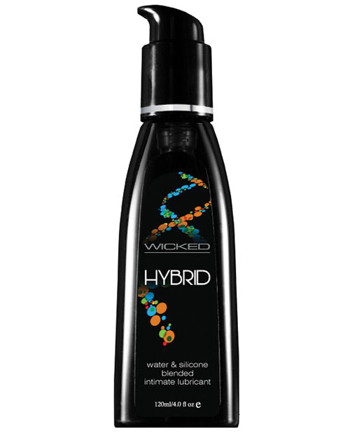 A pump bottle of Wicked Sensual Care Hybrid Lubricant. The bottle is black with colored dots.
