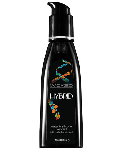 A pump bottle of Wicked Sensual Care Hybrid Lubricant. The bottle is black with colored dots.