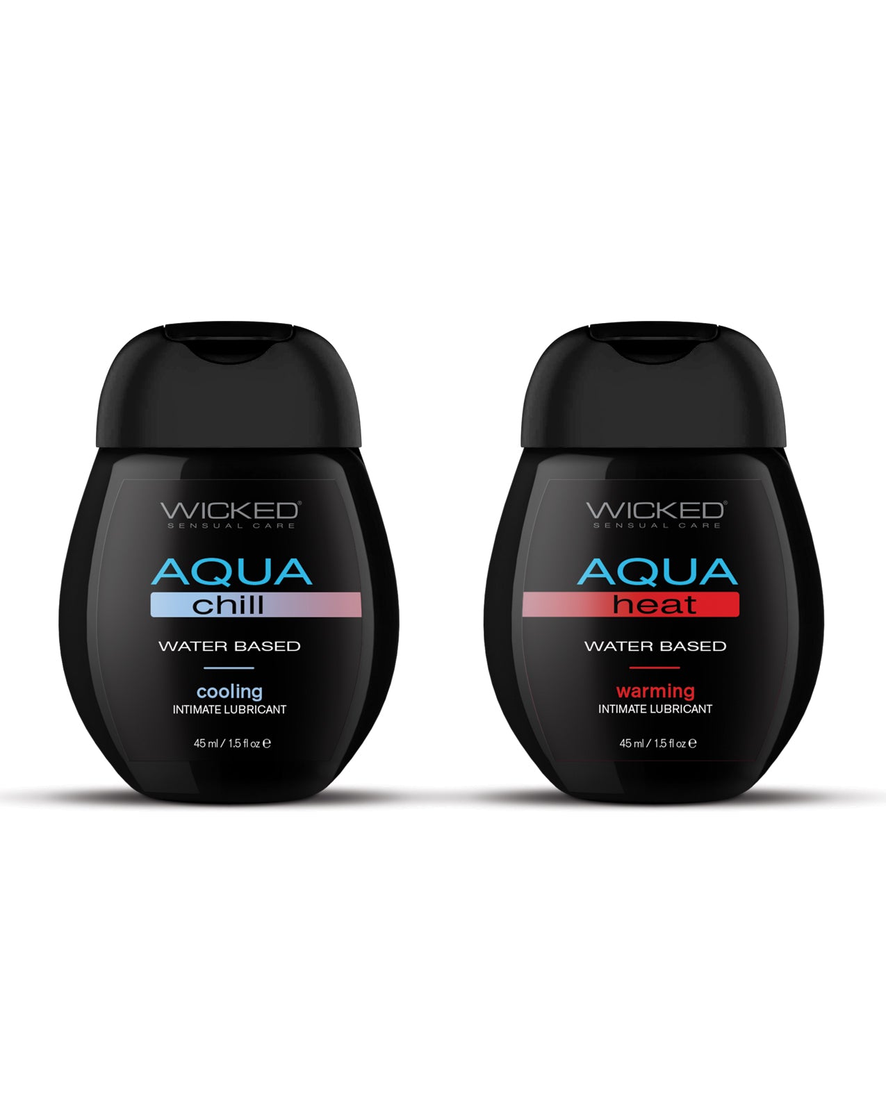 Two black bottles of Wicked Aqua Chill and Wicked Aqua Heat on a white background