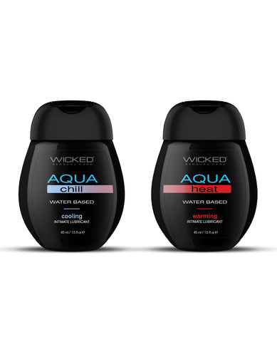 Two black bottles of Wicked Aqua Chill and Wicked Aqua Heat on a white background
