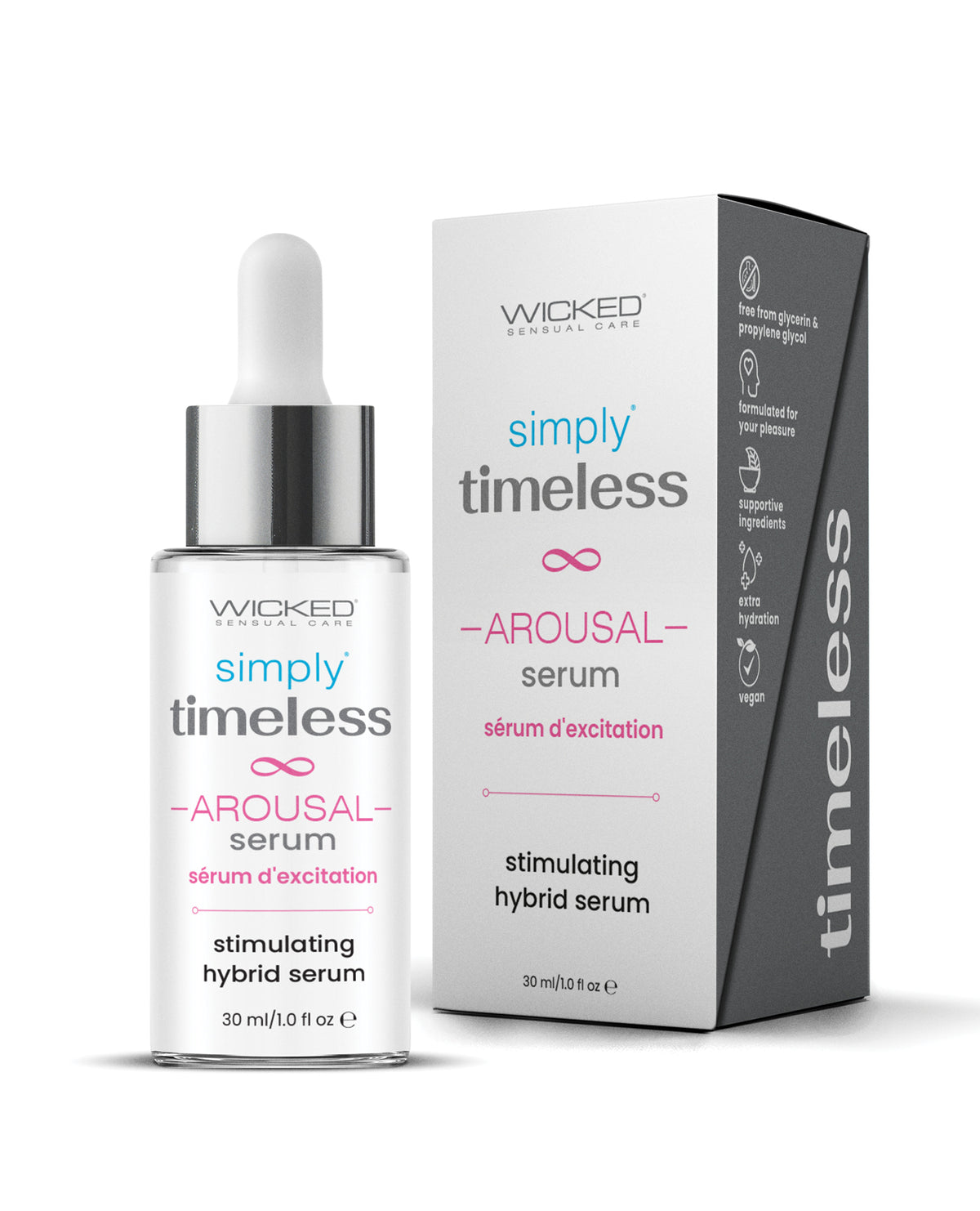 Wicked Sensual Care Simply Timeless Arousal Serum bottle and packaging on a white background