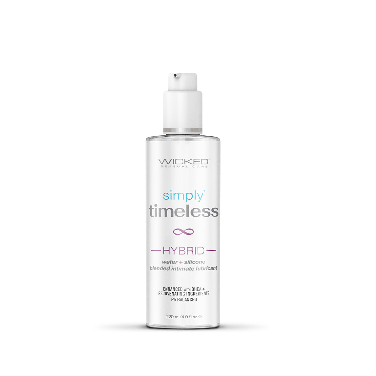 Bottle of Wicked Sensual Care Simply Timeless Hybrid lubricant on a white background