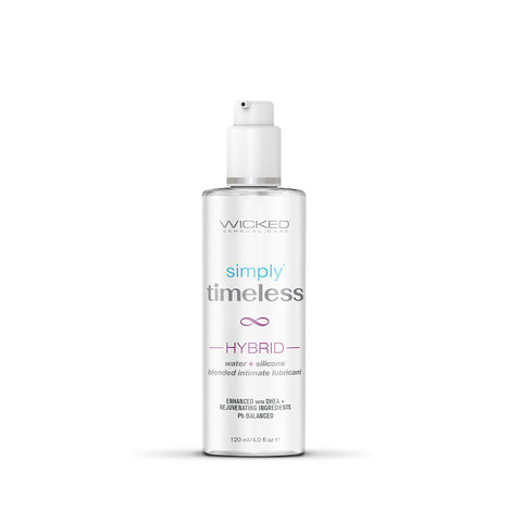 Bottle of Wicked Sensual Care Simply Timeless Hybrid lubricant on a white background