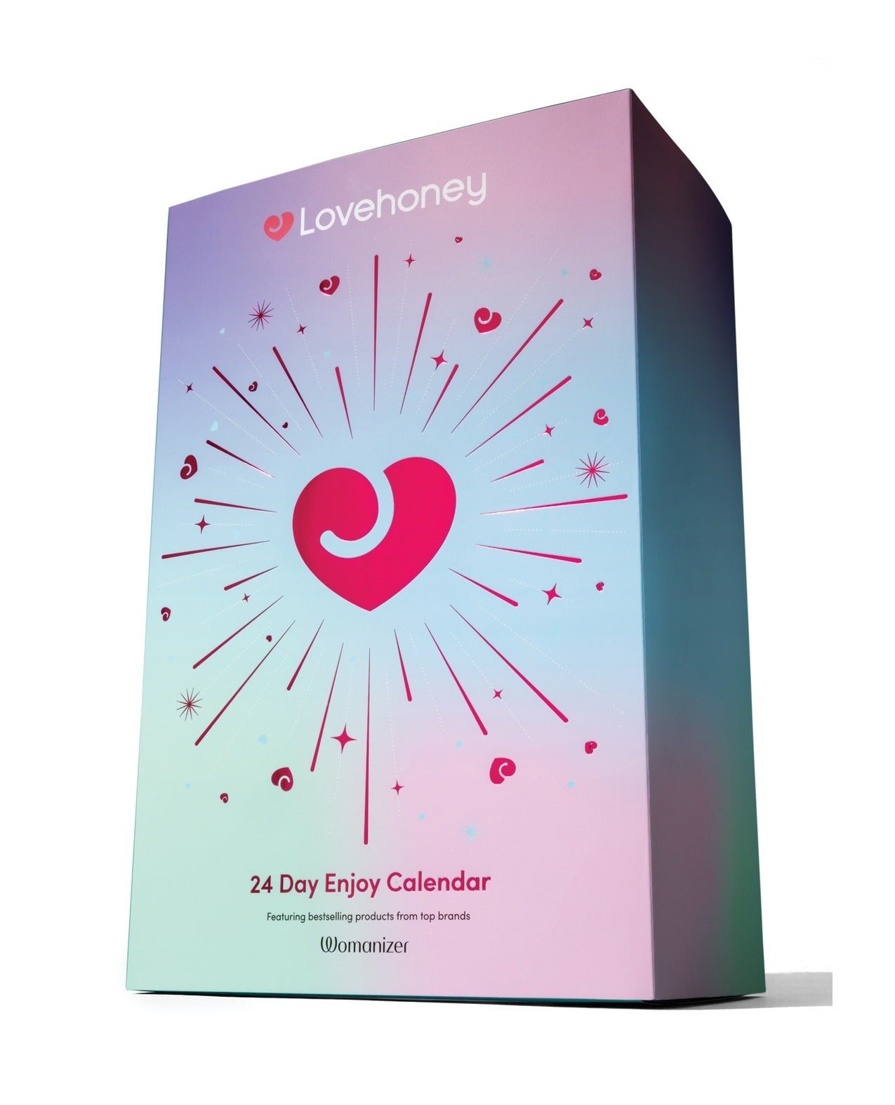A 24 Day Enjoy Calendar box by LoveHoney featuring a pastel gradient cover with a prominent pink heart and radiating lines, shown on a white background.