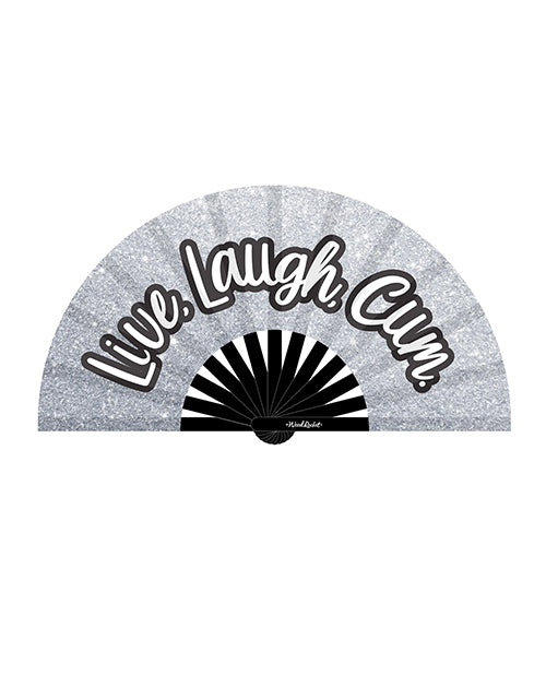 Silver glittery hand fan with 'Live Laugh Cum' text on a white background