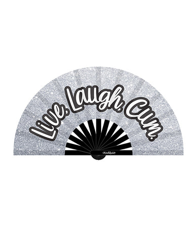 Silver glittery hand fan with 'Live Laugh Cum' text on a white background